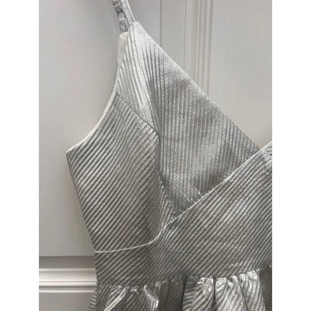 Lulus Silver Metallic Textured Mini Dress Surplice V-Neck Cocktail Party Large - Picture 3 of 7